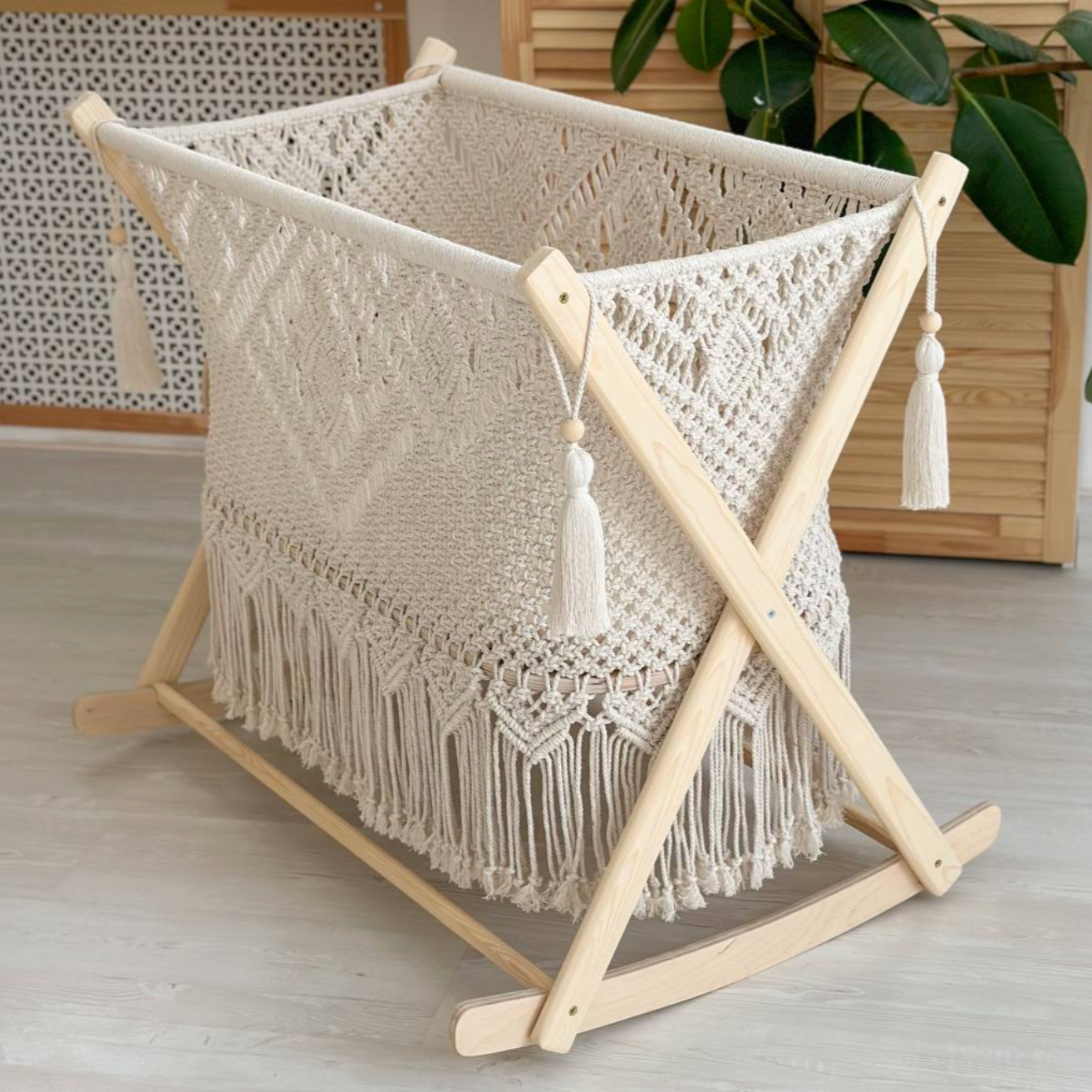 Cocon Macramé Bébé 2-en-1 – Berceau à Bascule & Fixe