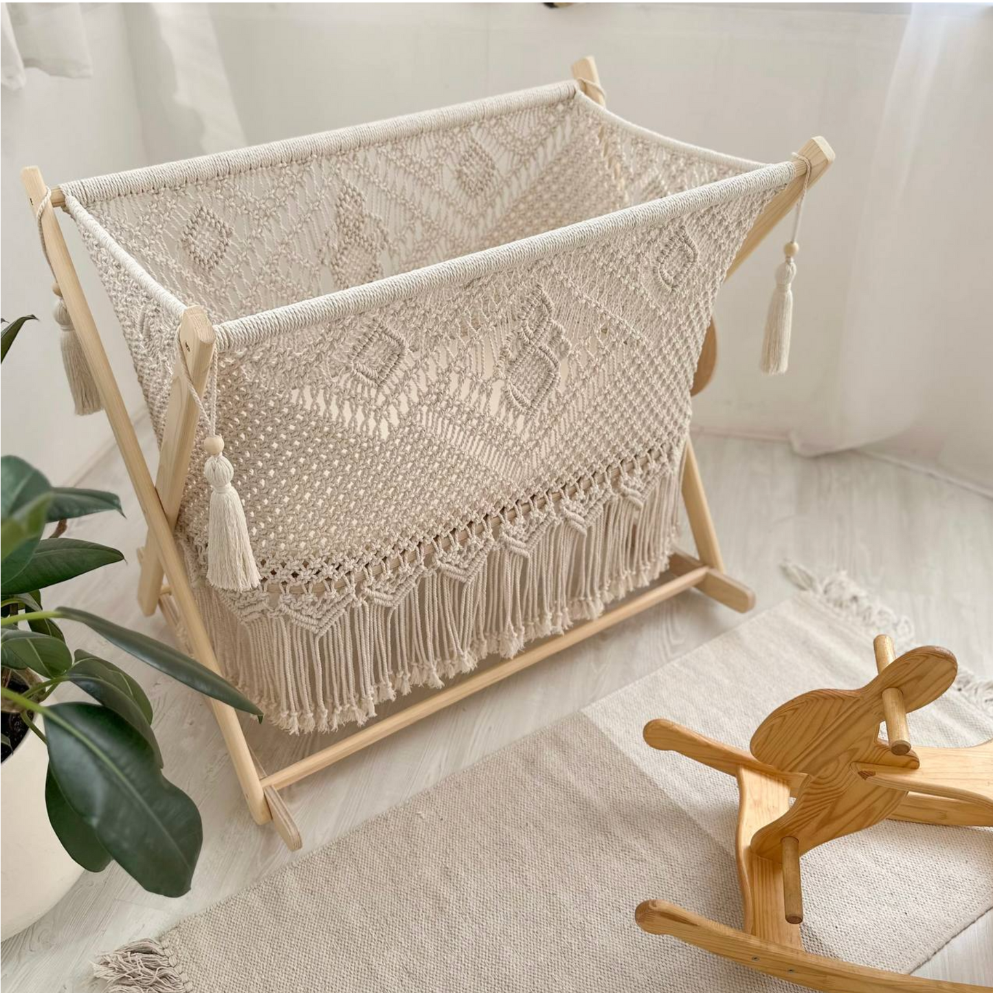 Cocon Macramé Bébé 2-en-1 – Berceau à Bascule & Fixe